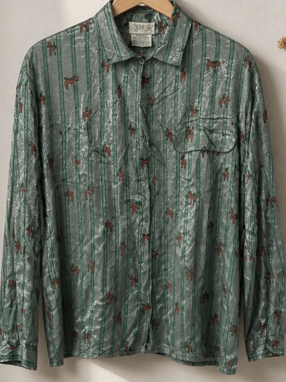 Cartoon Network Green Striped Button-Down Shirt with Brown horse Character Print